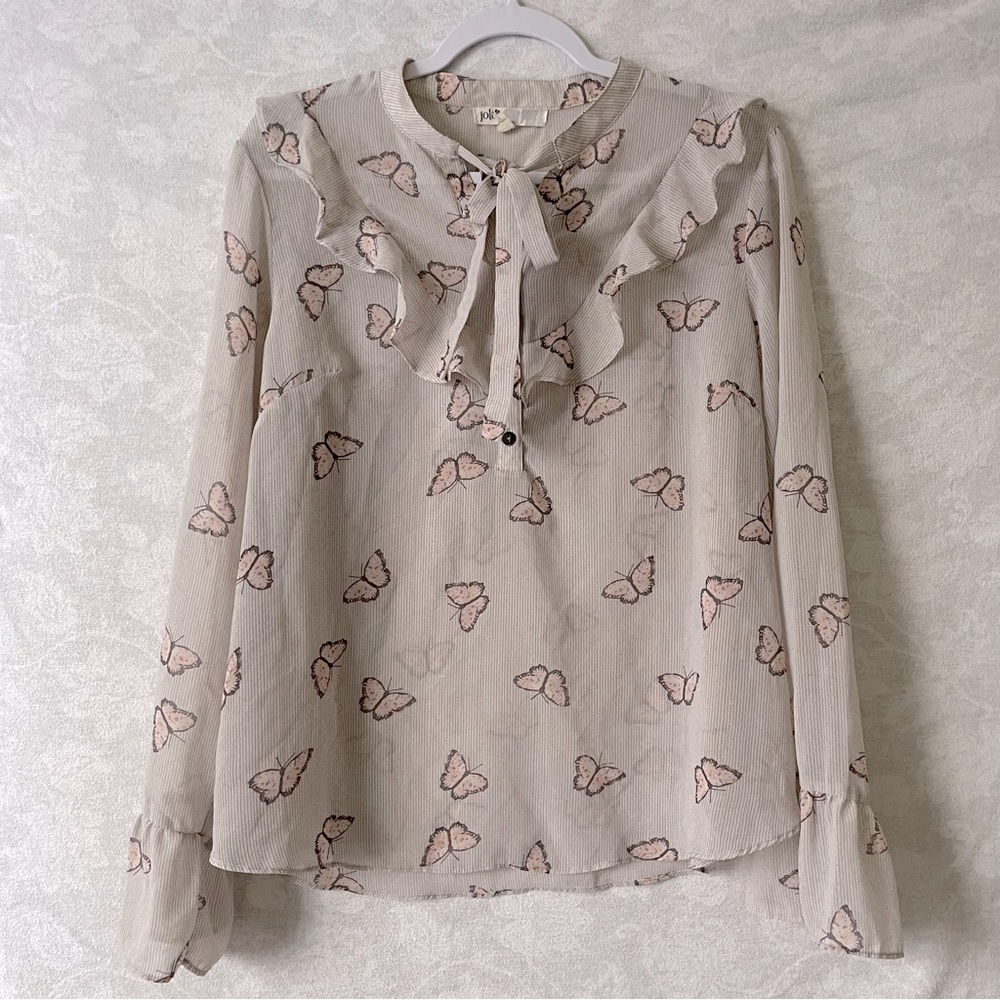 🦋Jolt|Long Sleeve Grey Blouse, Pink butterflies,  Bell Sleeves Women’s Size XL